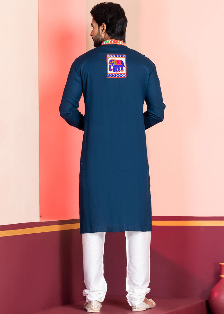 Midnight Blue Rayon Kurta Pajama with Textured Lace Embroidery
