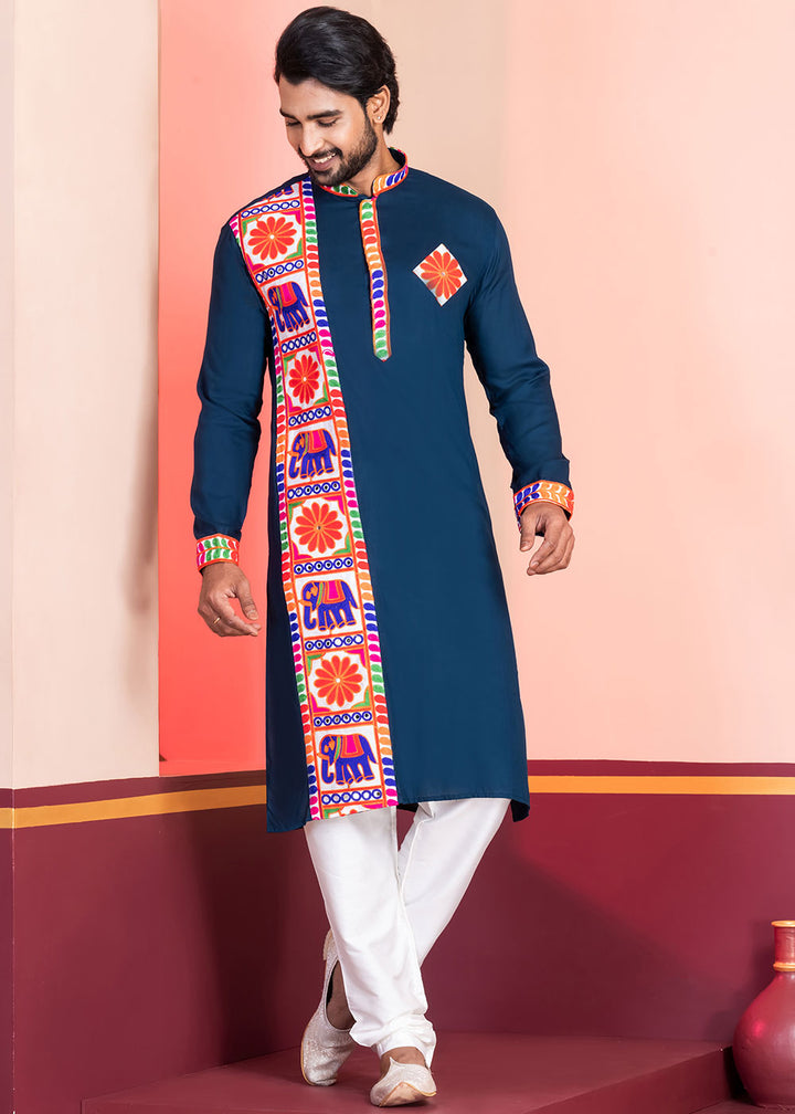 Midnight Blue Rayon Kurta Pajama with Textured Lace Embroidery