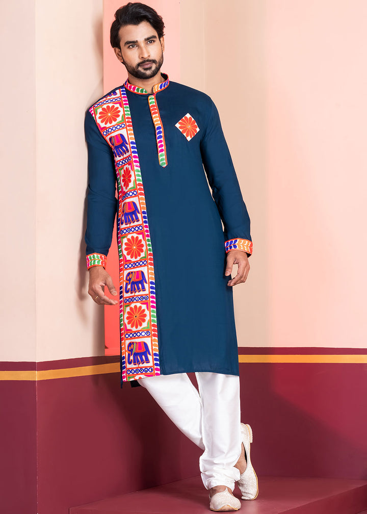 Midnight Blue Rayon Kurta Pajama with Textured Lace Embroidery