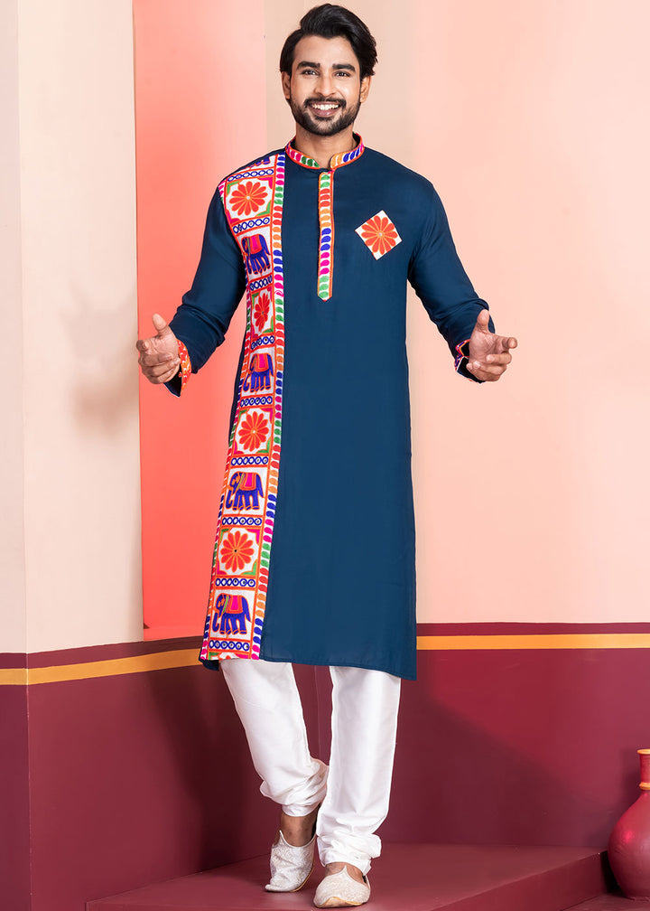 Midnight Blue Rayon Kurta Pajama with Textured Lace Embroidery