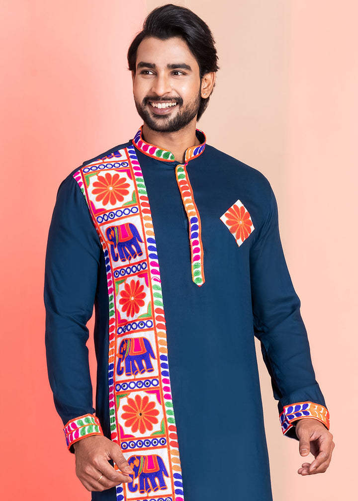 Midnight Blue Rayon Kurta Pajama with Textured Lace Embroidery