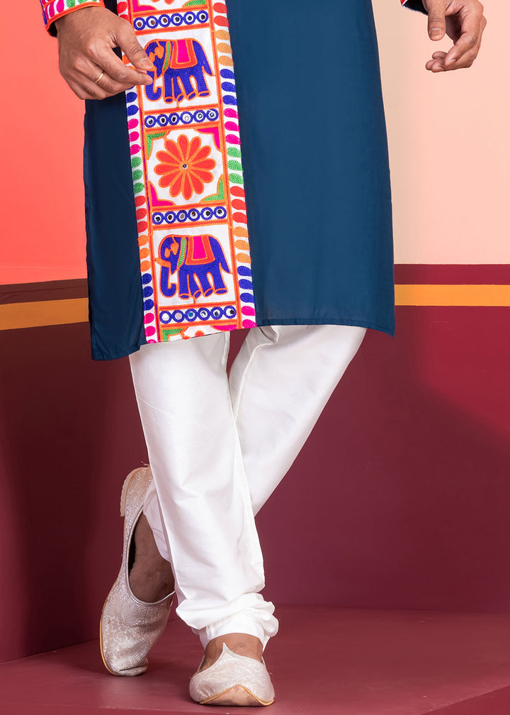 Midnight Blue Rayon Kurta Pajama with Textured Lace Embroidery