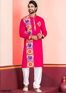 Bright Pink Rayon Kurta Pajama with Textured Lace Embroidery
