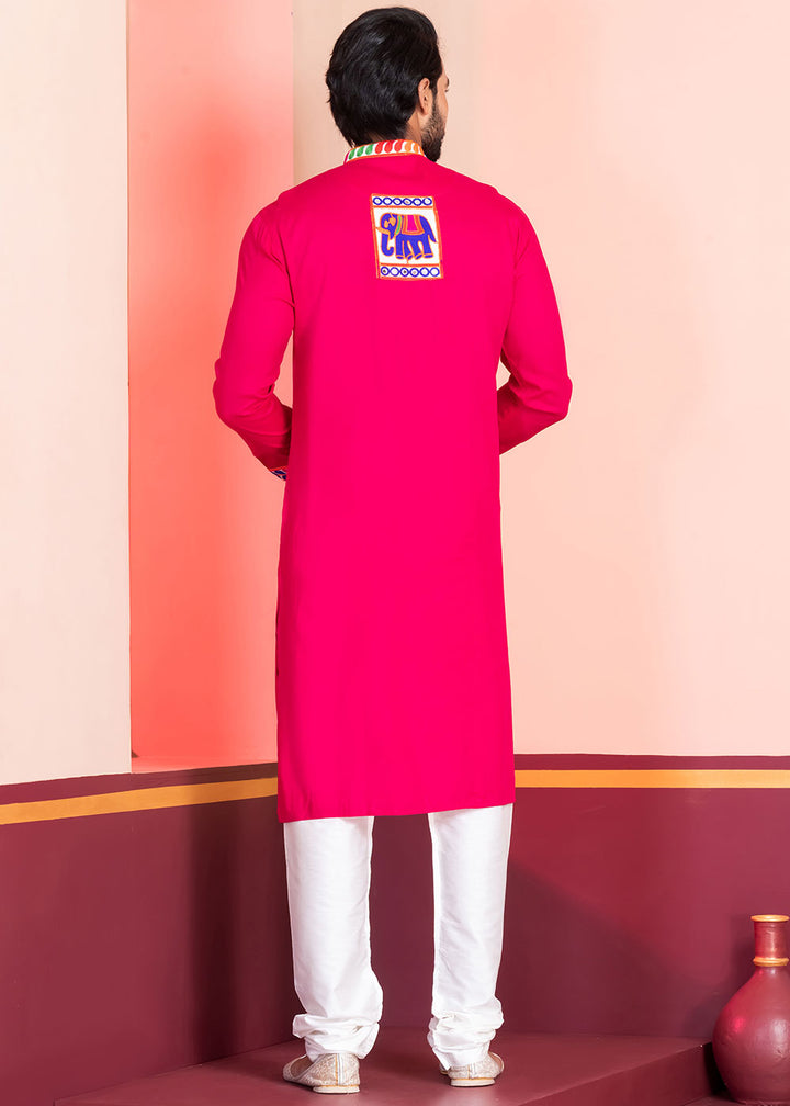 Bright Pink Rayon Kurta Pajama with Textured Lace Embroidery