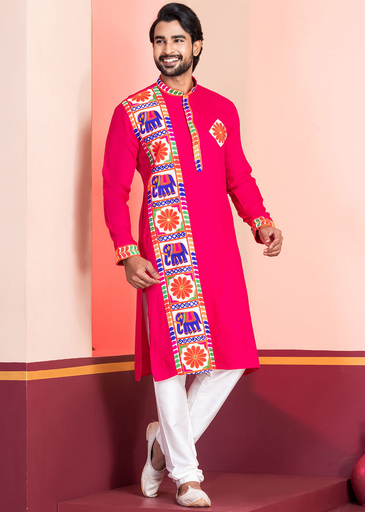 Bright Pink Rayon Kurta Pajama with Textured Lace Embroidery