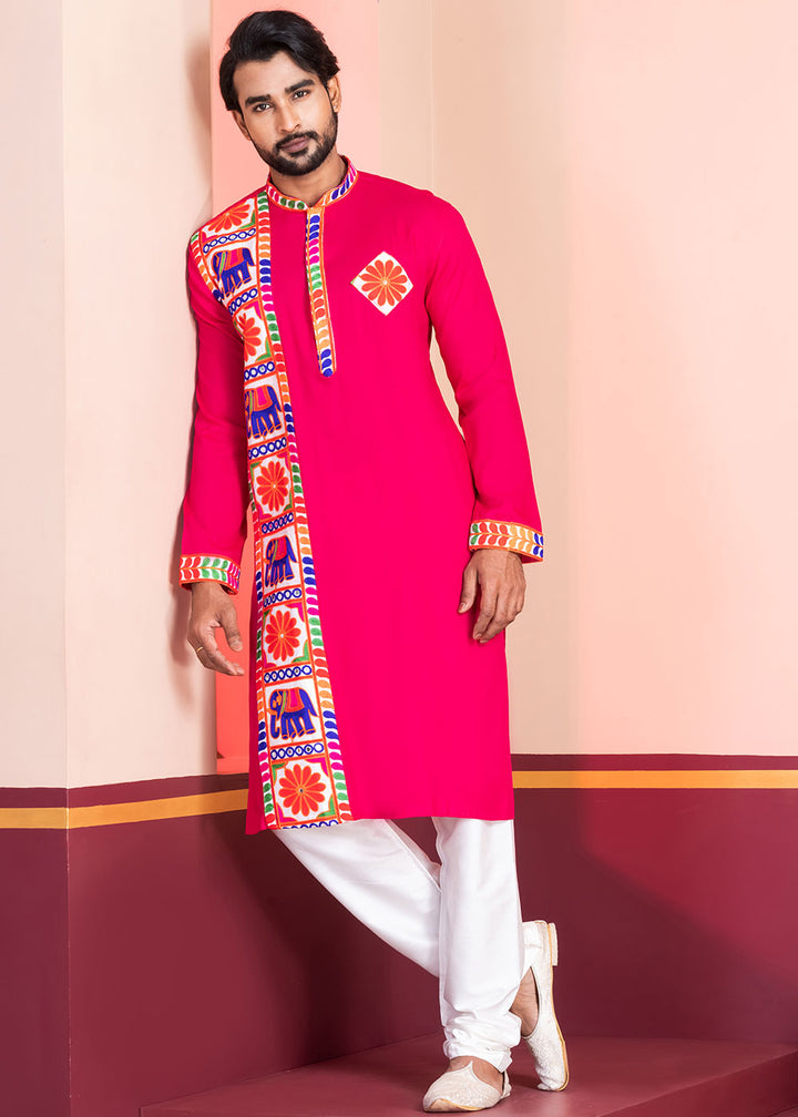 Bright Pink Rayon Kurta Pajama with Textured Lace Embroidery