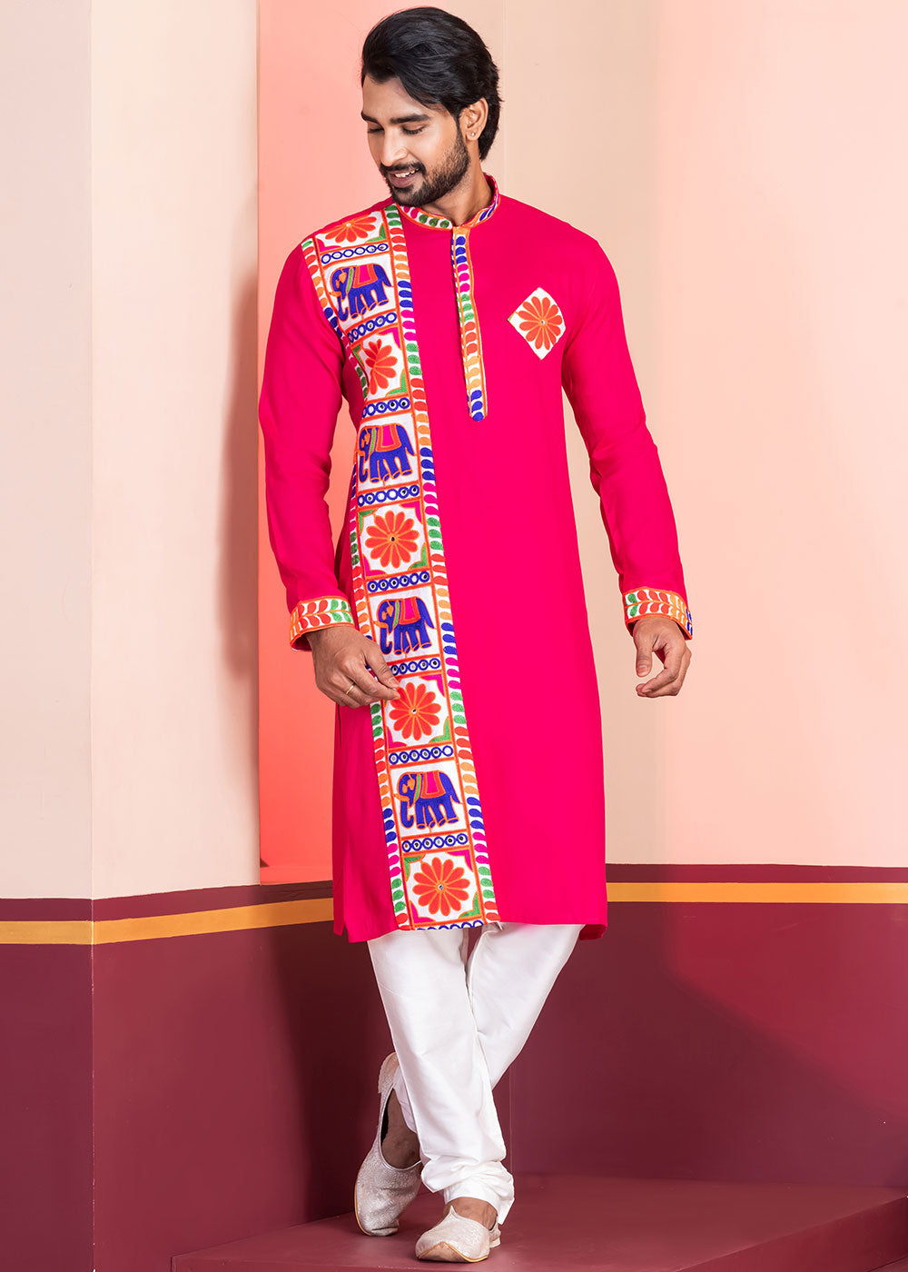 Bright Pink Rayon Kurta Pajama with Textured Lace Embroidery
