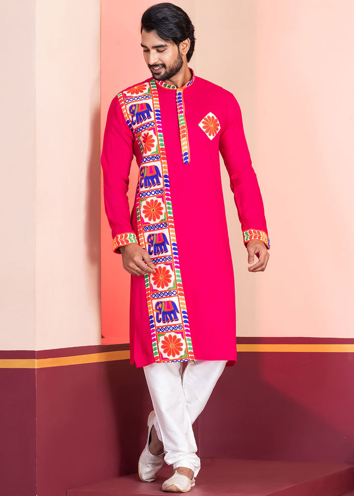 Bright Pink Rayon Kurta Pajama with Textured Lace Embroidery