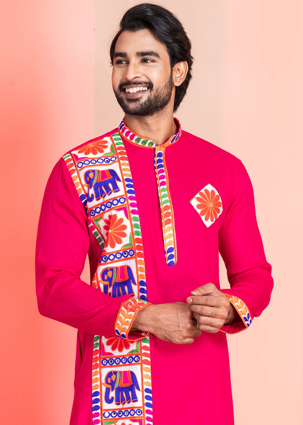 Bright Pink Rayon Kurta Pajama with Textured Lace Embroidery