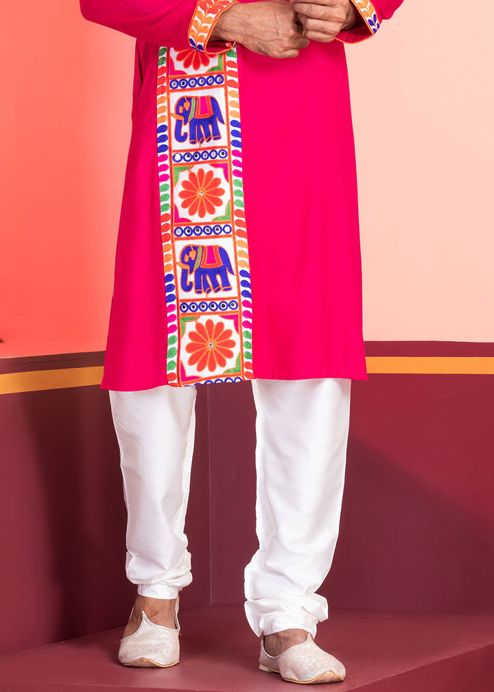 Bright Pink Rayon Kurta Pajama with Textured Lace Embroidery
