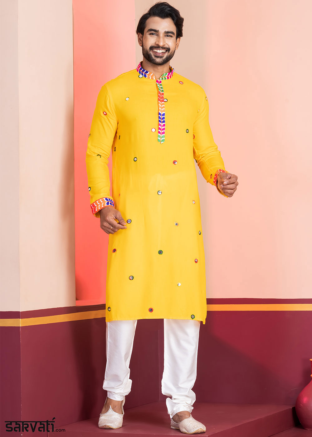 Golden Yellow Rayon Kurta Pajama with Circular Mirror Embellishments