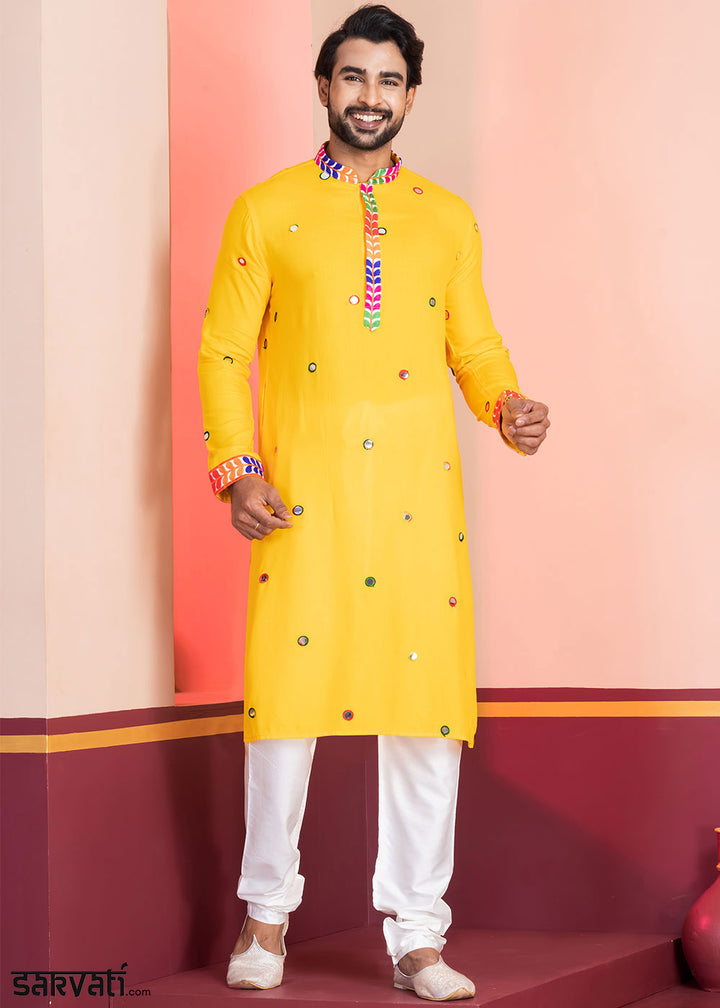 Golden Yellow Rayon Kurta Pajama with Circular Mirror Embellishments