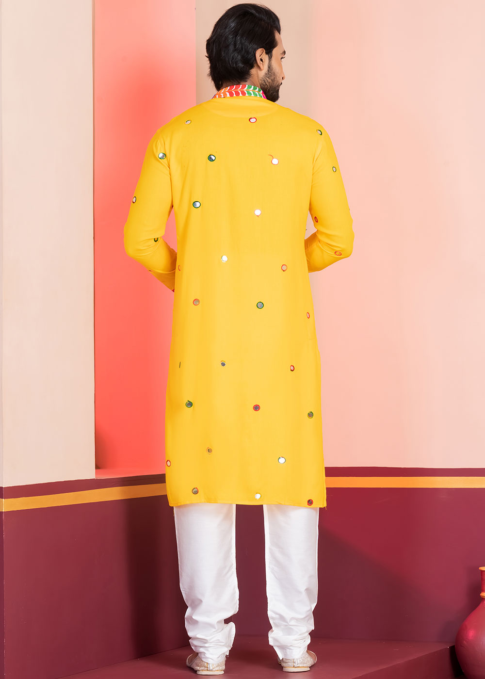 Golden Yellow Rayon Kurta Pajama with Circular Mirror Embellishments