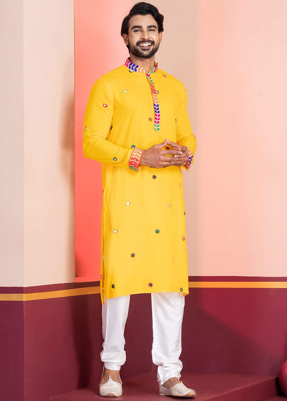Golden Yellow Rayon Kurta Pajama with Circular Mirror Embellishments