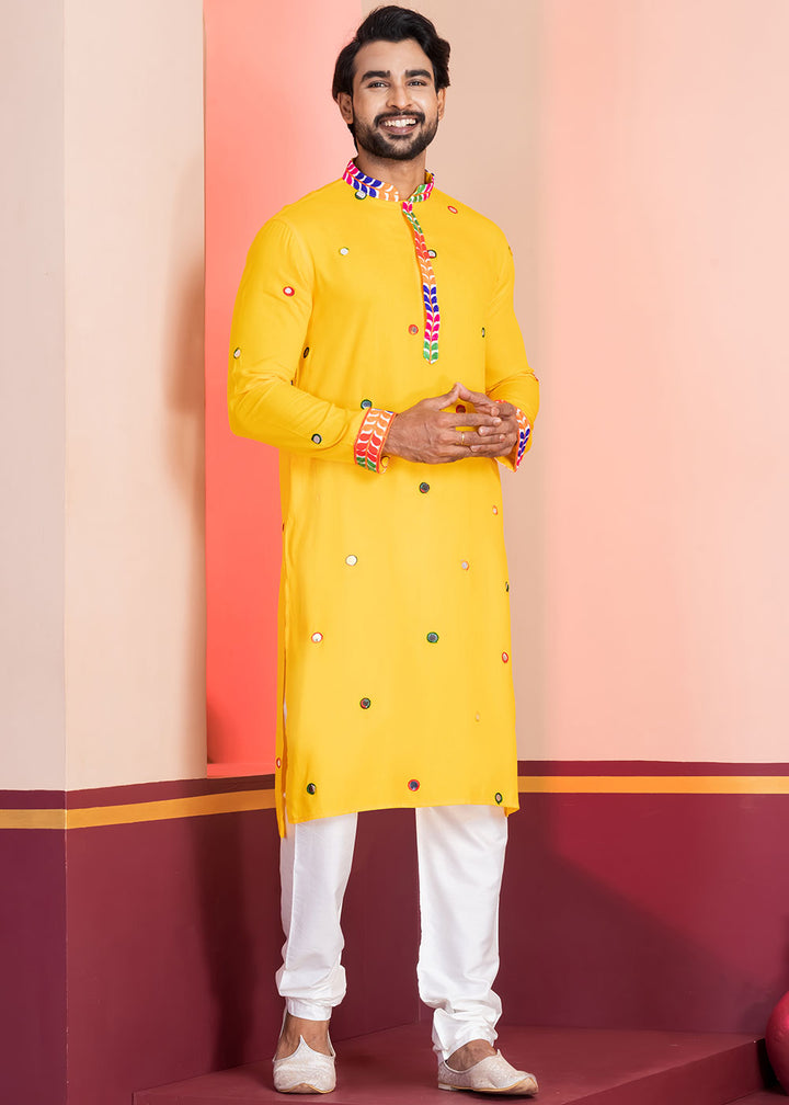 Golden Yellow Rayon Kurta Pajama with Circular Mirror Embellishments