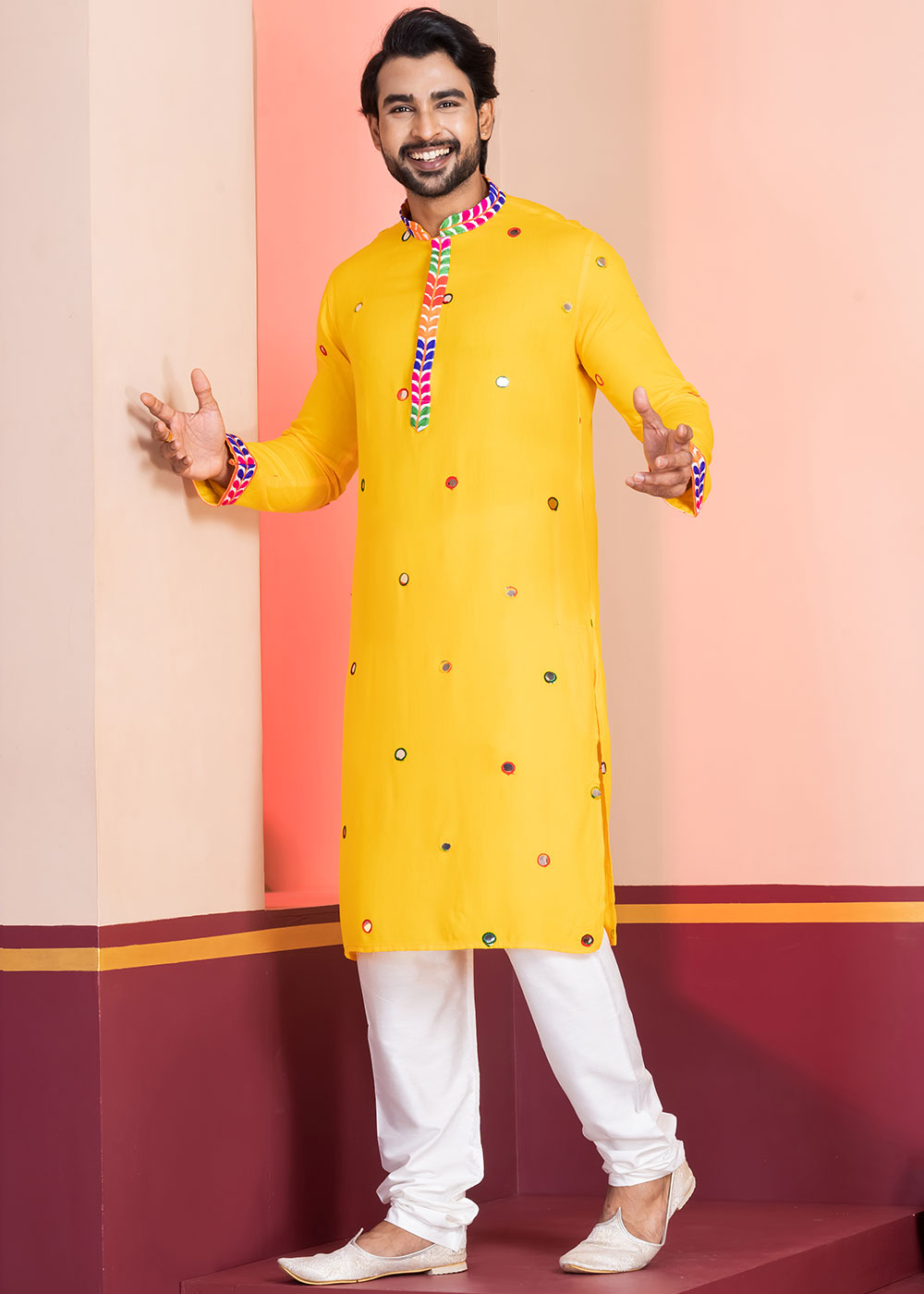 Golden Yellow Rayon Kurta Pajama with Circular Mirror Embellishments