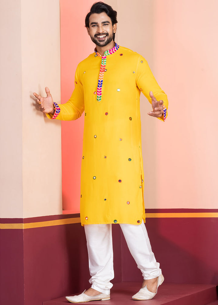Golden Yellow Rayon Kurta Pajama with Circular Mirror Embellishments