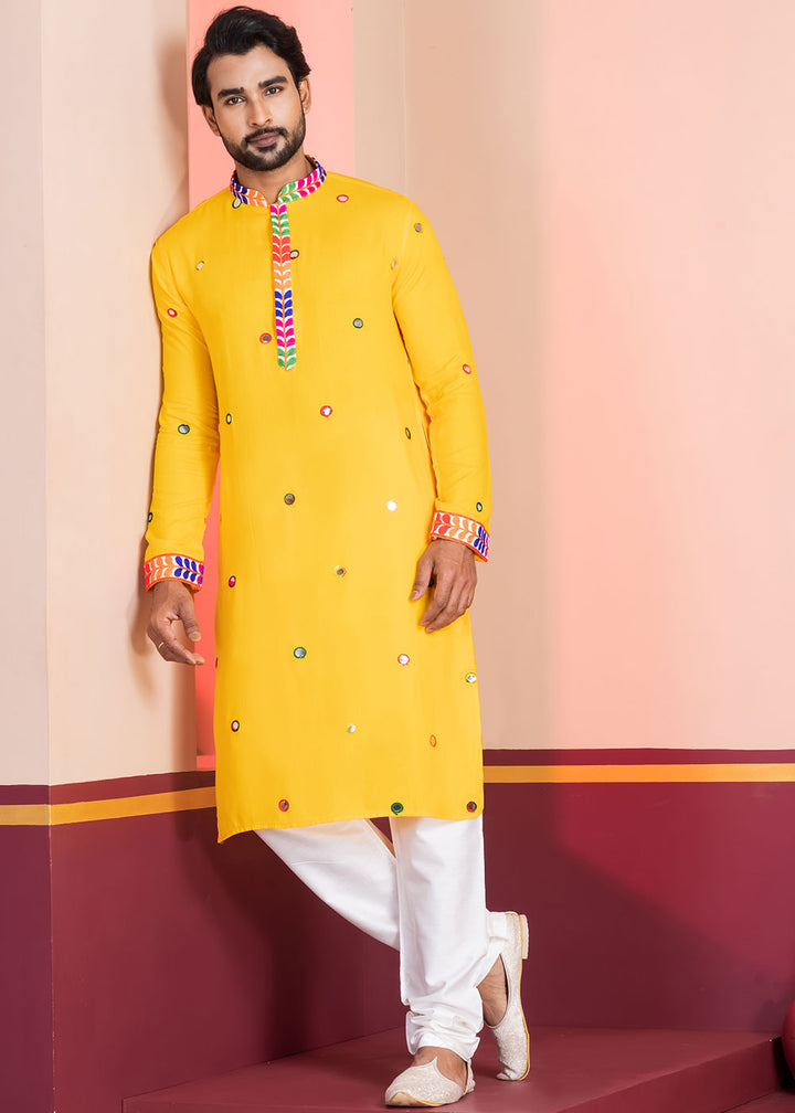 Golden Yellow Rayon Kurta Pajama with Circular Mirror Embellishments