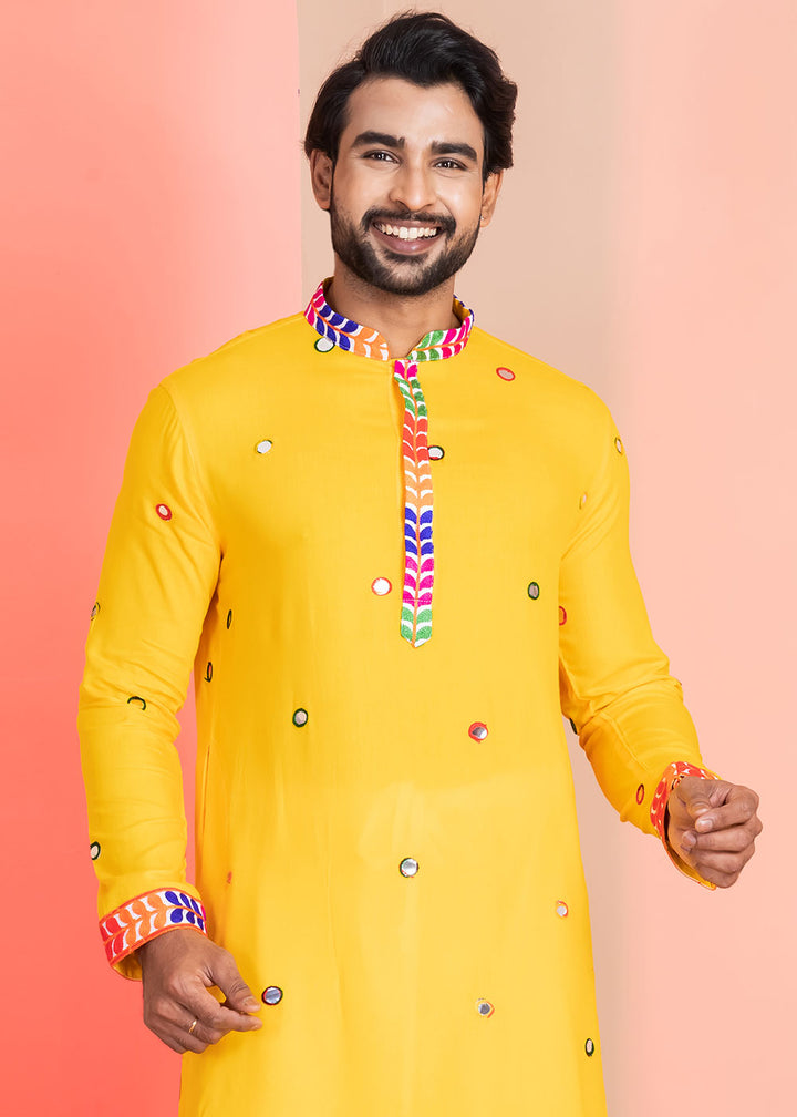 Golden Yellow Rayon Kurta Pajama with Circular Mirror Embellishments