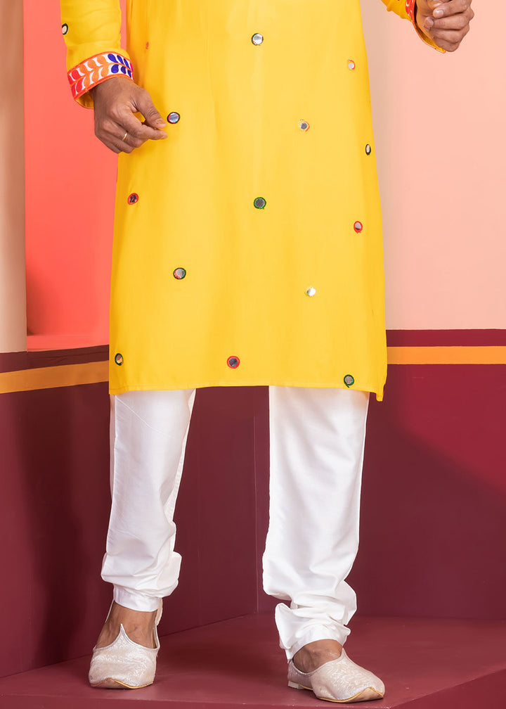 Golden Yellow Rayon Kurta Pajama with Circular Mirror Embellishments