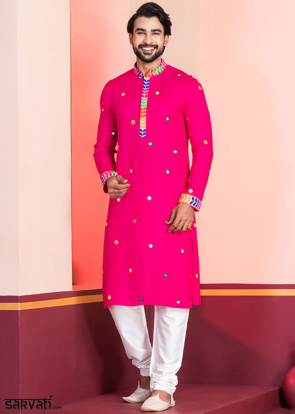 Neon Pink Rayon Kurta Pajama with Circular Mirror Embellishments