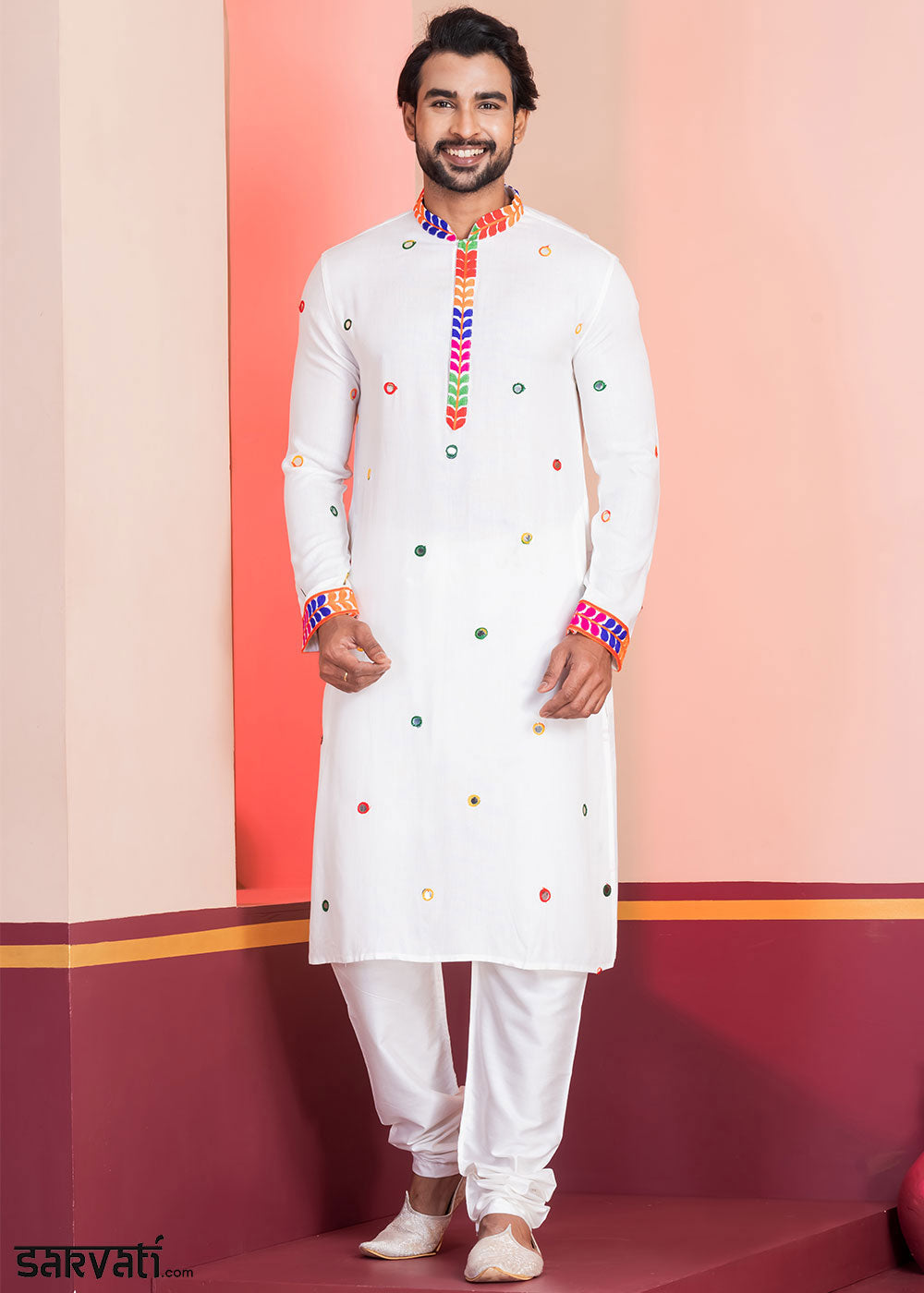 Pure White Rayon Kurta Pajama with Circular Mirror Embellishments
