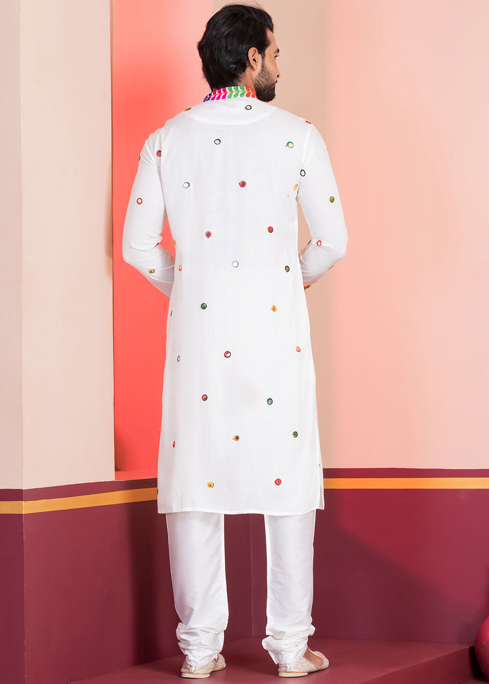 Pure White Rayon Kurta Pajama with Circular Mirror Embellishments
