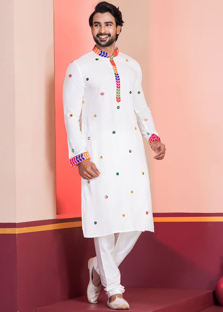 Pure White Rayon Kurta Pajama with Circular Mirror Embellishments