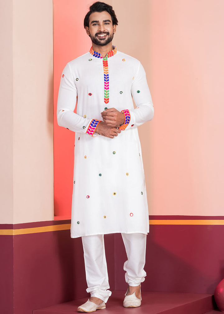 Pure White Rayon Kurta Pajama with Circular Mirror Embellishments