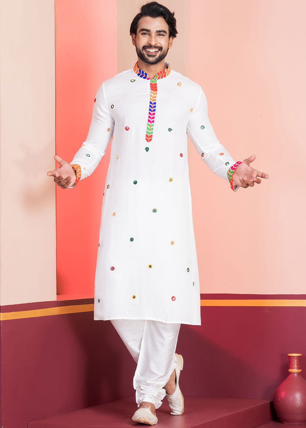 Pure White Rayon Kurta Pajama with Circular Mirror Embellishments