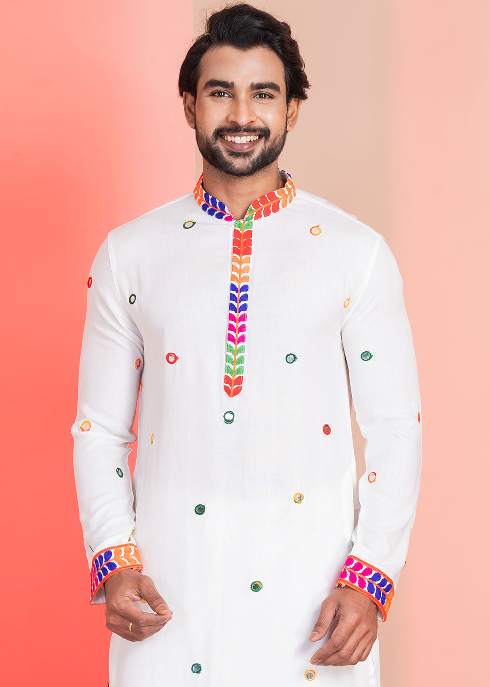 Pure White Rayon Kurta Pajama with Circular Mirror Embellishments
