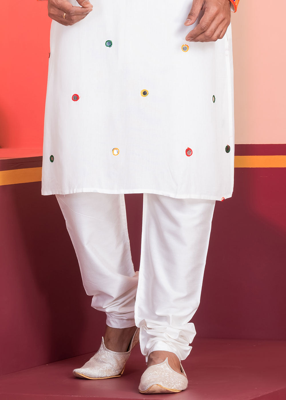 Pure White Rayon Kurta Pajama with Circular Mirror Embellishments