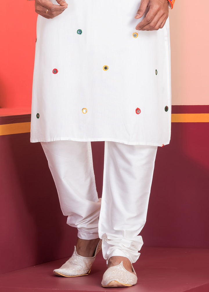 Pure White Rayon Kurta Pajama with Circular Mirror Embellishments