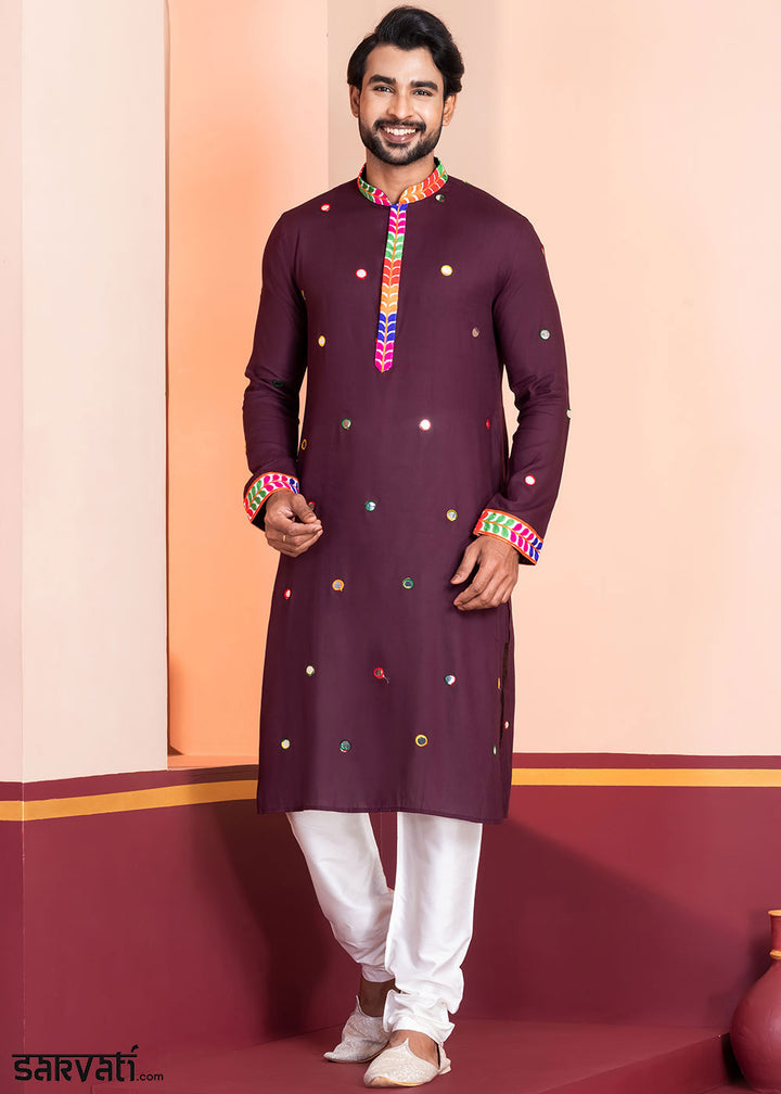 Eggplant Purple Rayon Kurta Pajama with Circular Mirror Embellishments