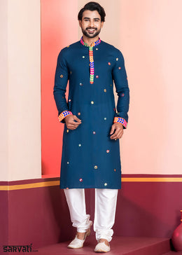Midnight Blue Rayon Kurta Pajama with Circular Mirror Embellishments