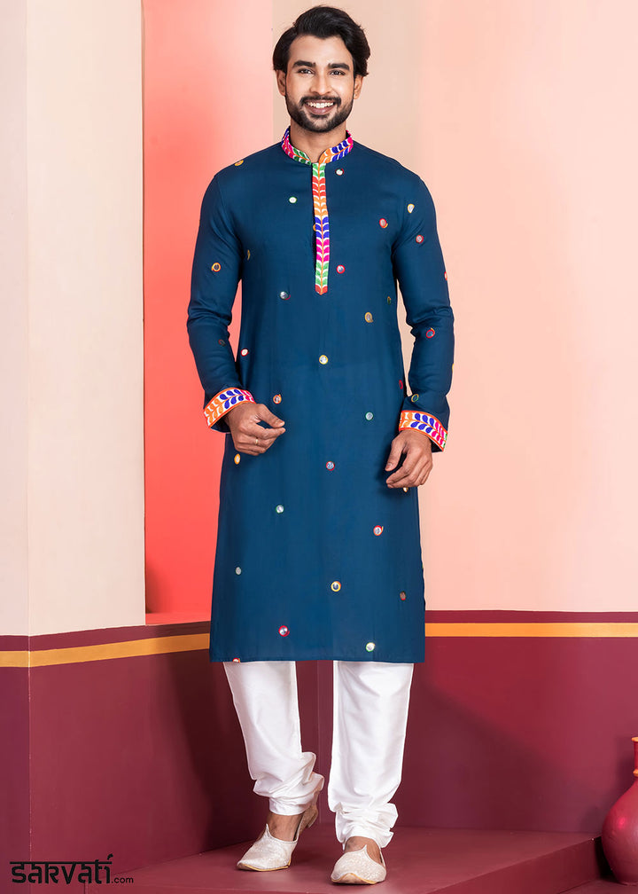 Midnight Blue Rayon Kurta Pajama with Circular Mirror Embellishments