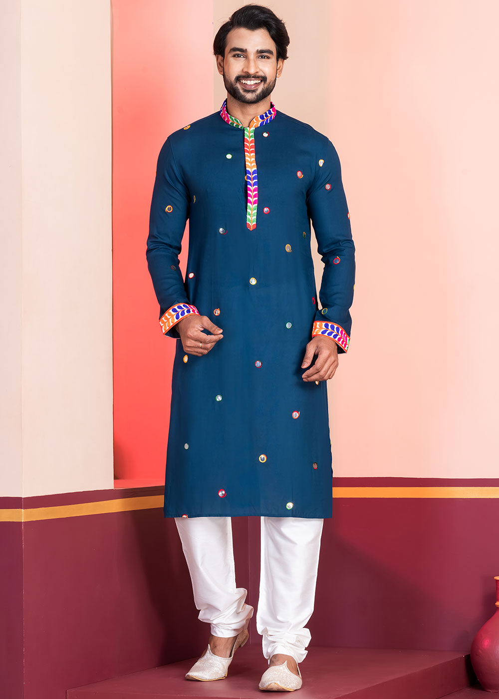 Midnight Blue Rayon Kurta Pajama with Circular Mirror Embellishments