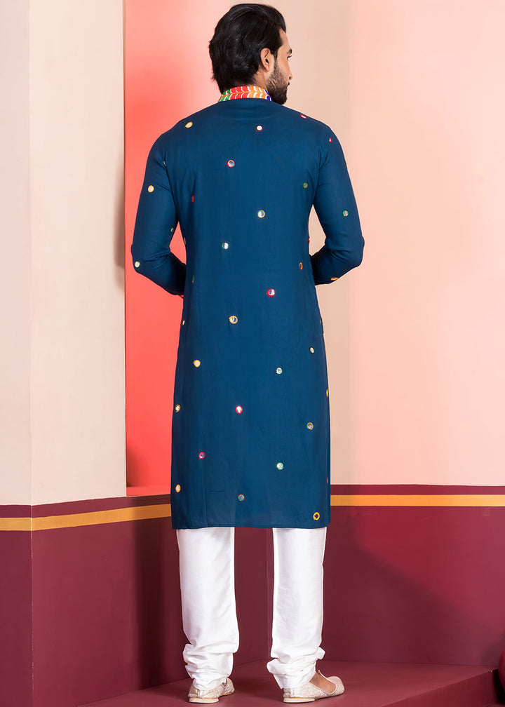 Midnight Blue Rayon Kurta Pajama with Circular Mirror Embellishments