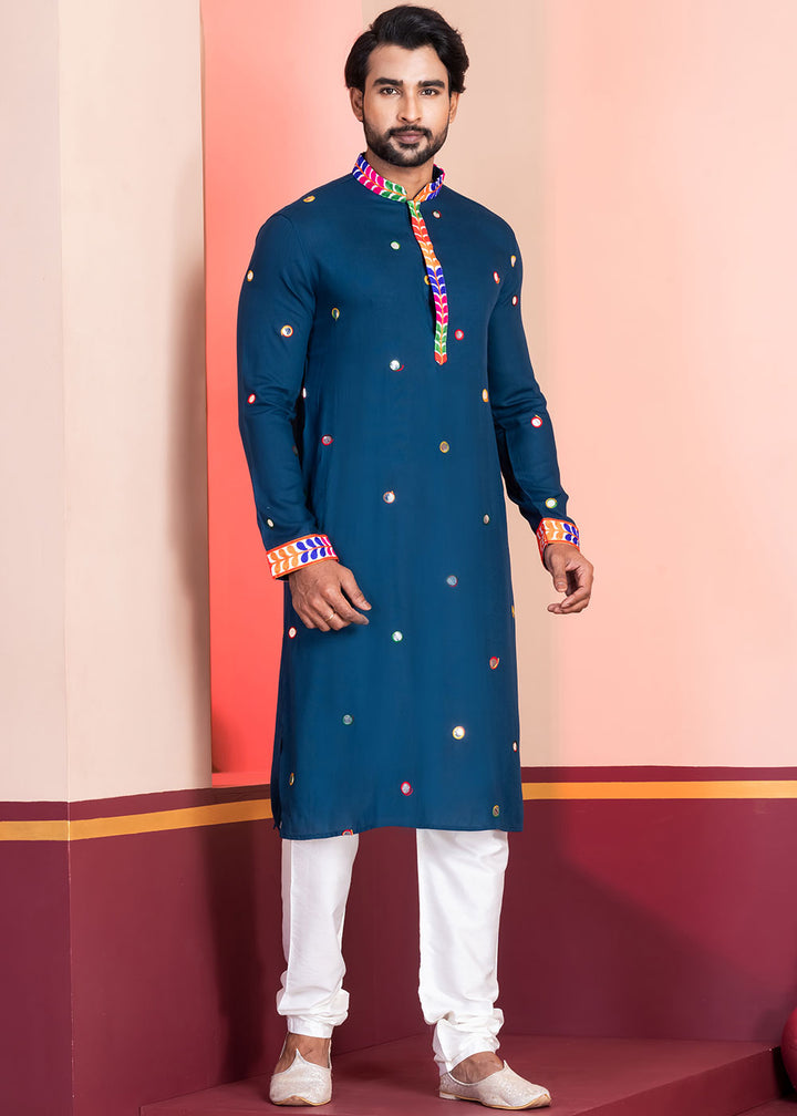 Midnight Blue Rayon Kurta Pajama with Circular Mirror Embellishments