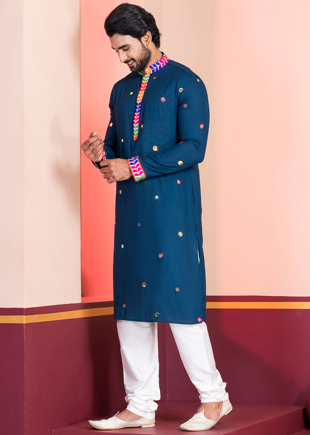 Midnight Blue Rayon Kurta Pajama with Circular Mirror Embellishments