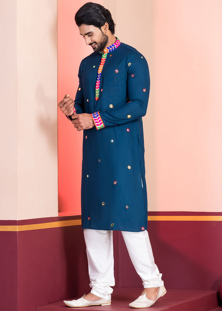 Midnight Blue Rayon Kurta Pajama with Circular Mirror Embellishments