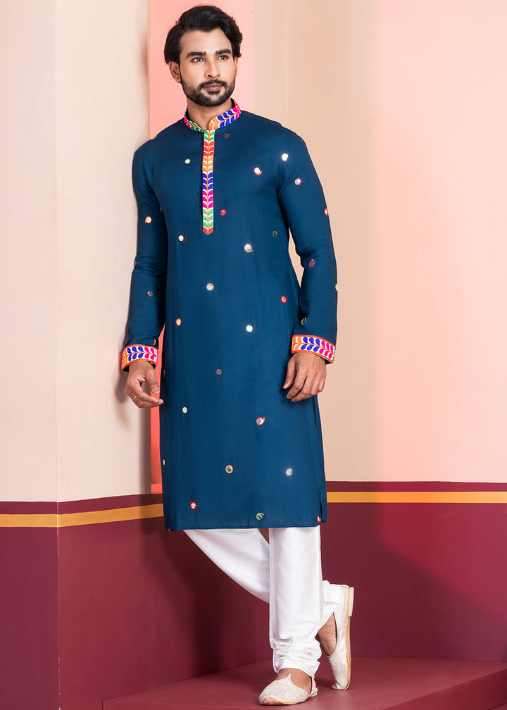 Midnight Blue Rayon Kurta Pajama with Circular Mirror Embellishments