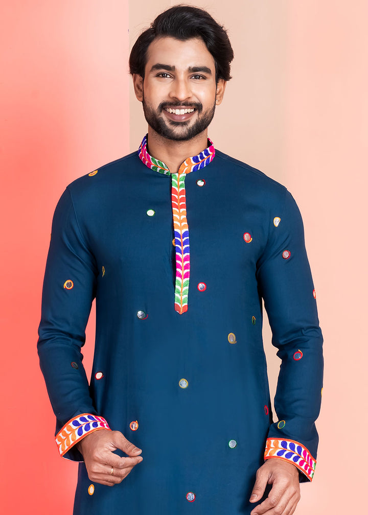 Midnight Blue Rayon Kurta Pajama with Circular Mirror Embellishments