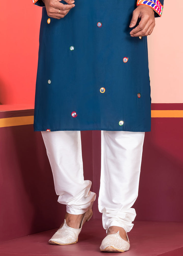 Midnight Blue Rayon Kurta Pajama with Circular Mirror Embellishments