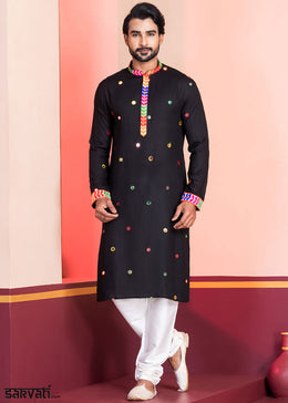 Slate Black Rayon Kurta Pajama with Circular Mirror Embellishments