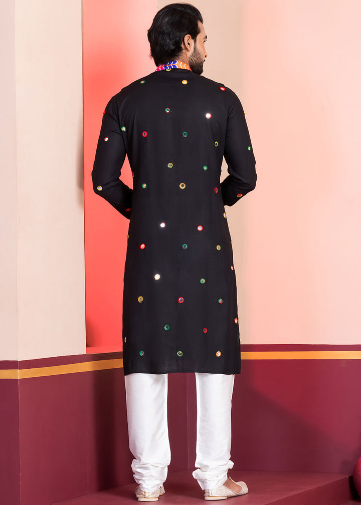 Slate Black Rayon Kurta Pajama with Circular Mirror Embellishments