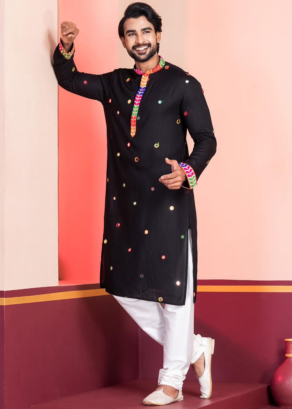 Slate Black Rayon Kurta Pajama with Circular Mirror Embellishments