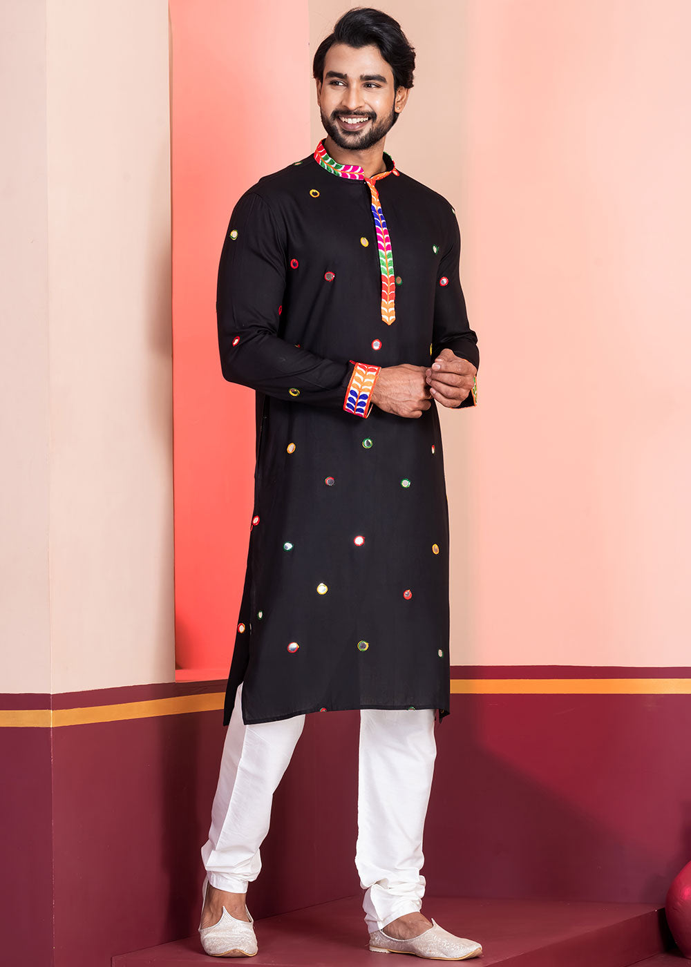 Slate Black Rayon Kurta Pajama with Circular Mirror Embellishments