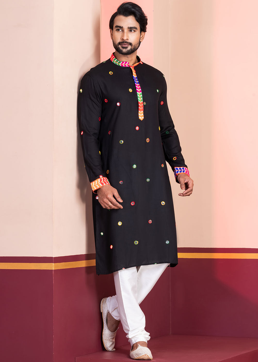 Slate Black Rayon Kurta Pajama with Circular Mirror Embellishments