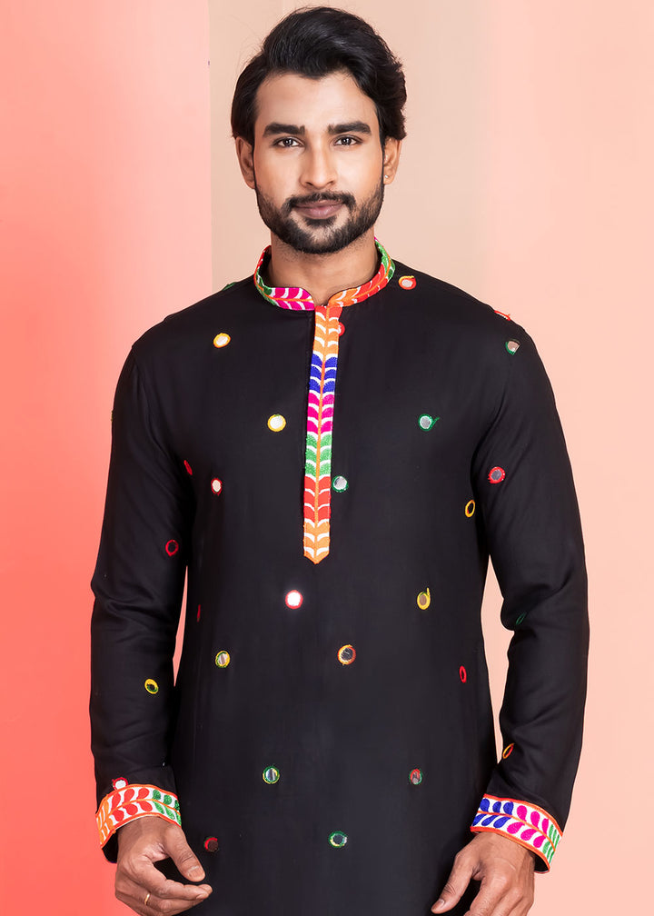Slate Black Rayon Kurta Pajama with Circular Mirror Embellishments